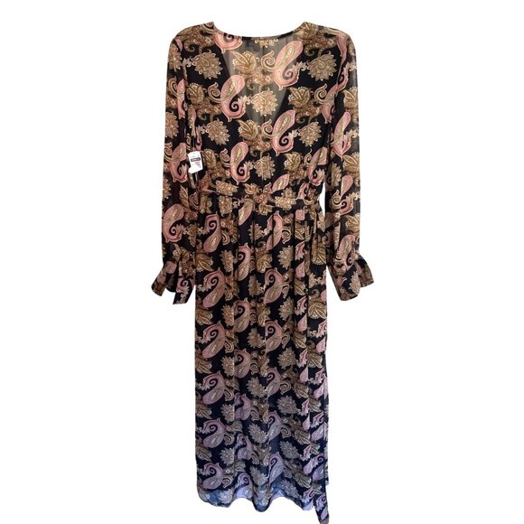 Miss Avenue Paisley Long Sleeve Maxi Dress L Black Pink Sheer Wrap Kaftan Style - Picture 1 of 8